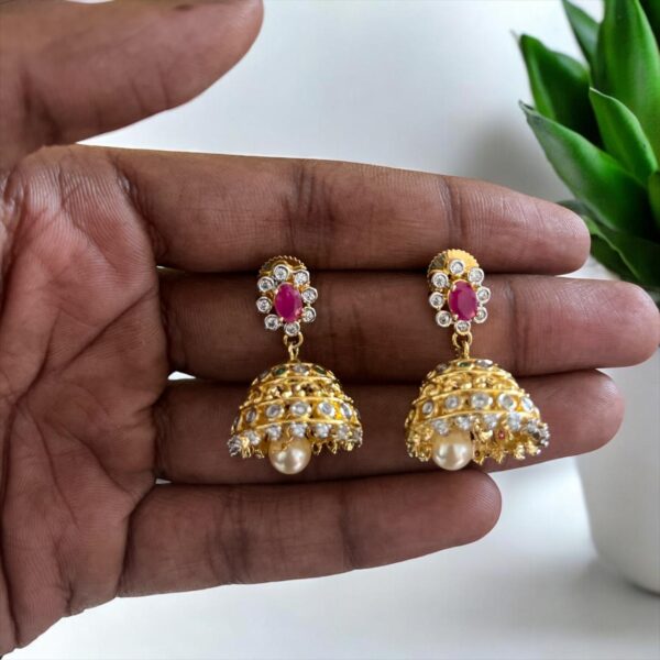 Traditional Gold-Plated Jhumka Earrings with Pearl & Stone Embellishments for Women - Image 2