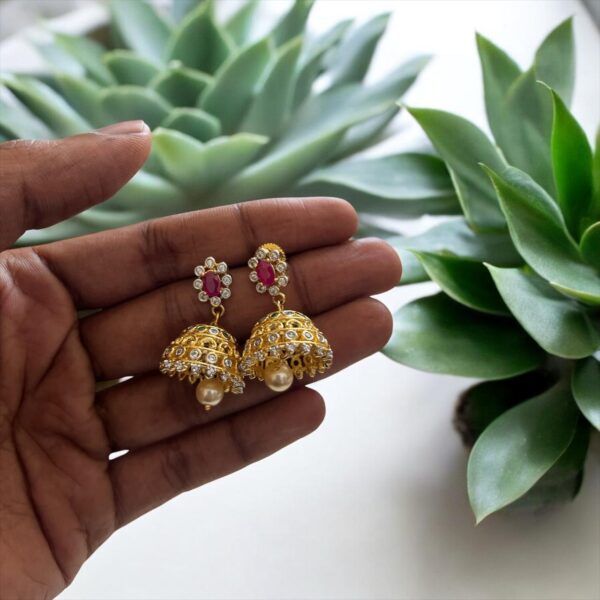 Traditional Gold-Plated Jhumka Earrings with Pearl & Stone Embellishments for Women